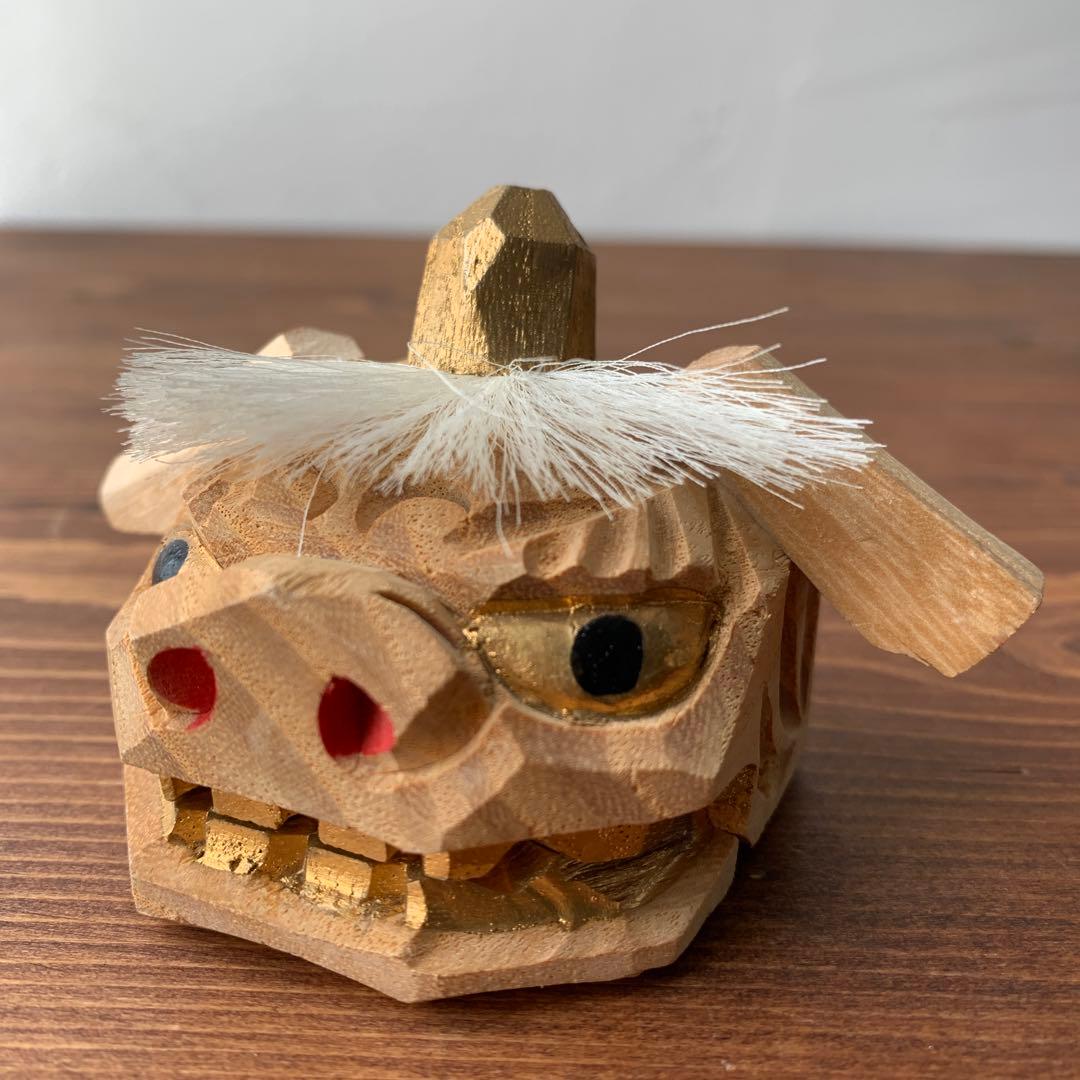 木製 獅子頭 郷土玩具 白木 縁起物 魔除け 獅子舞 木彫り 一刀彫