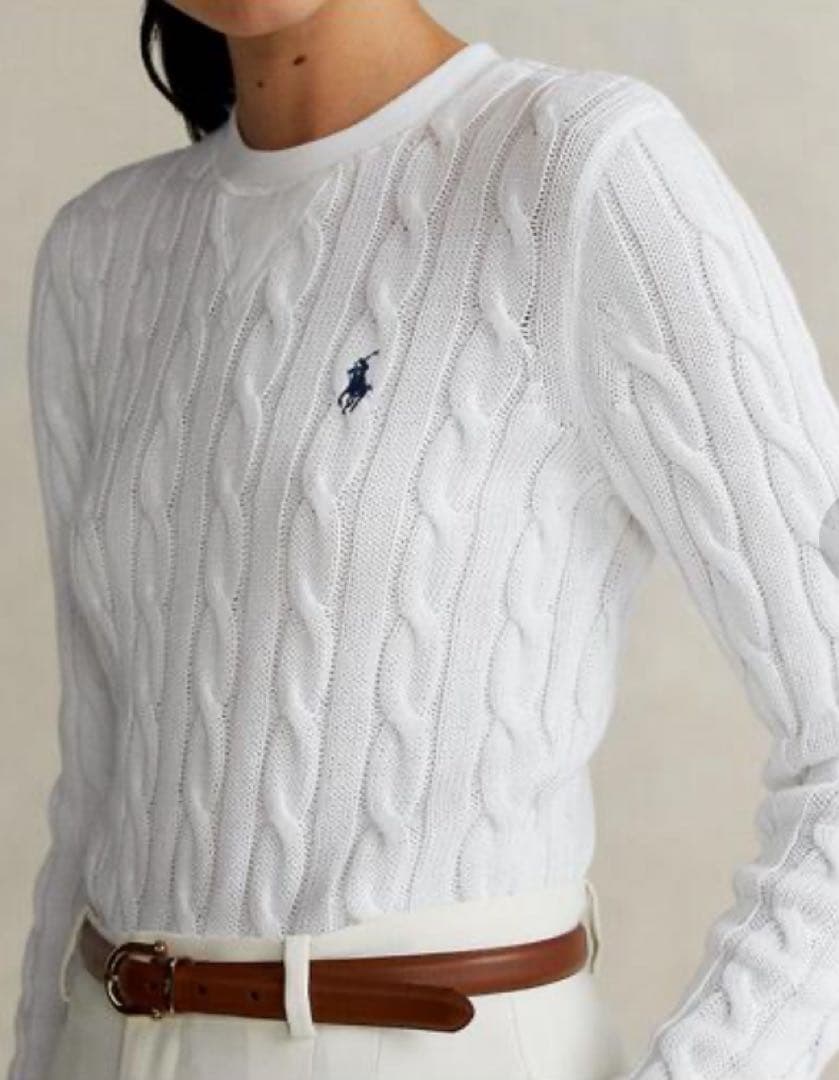 ポロラルフローレン❤️ケーブルニット　コットン　ネイビーポニー刺繍　白　L
