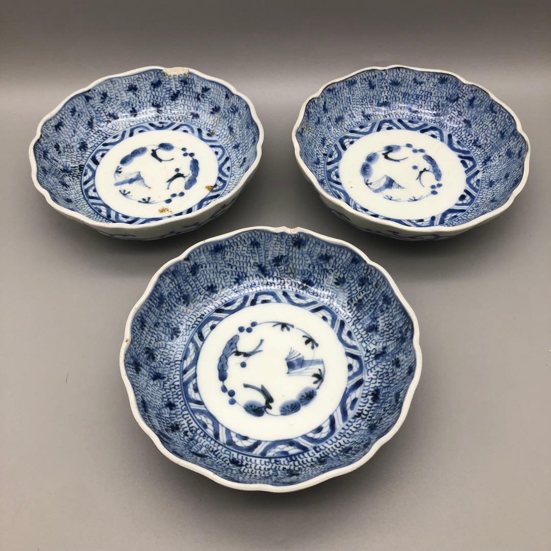 年代物希少古伊万里染付みじん唐草文なます皿 3枚15cm骨董品ビンテージ食器