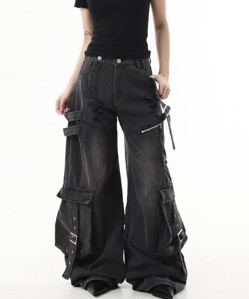 mushwear　ダメージ加工オーバーサイズカーゴデニムパンツ　S