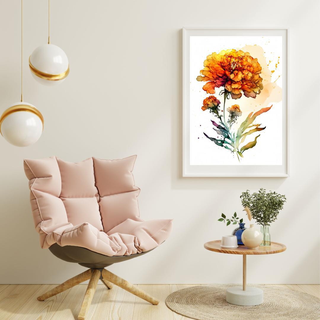 マリーゴールド 水彩画 黄色花 ボタニカル アートポスター Flower