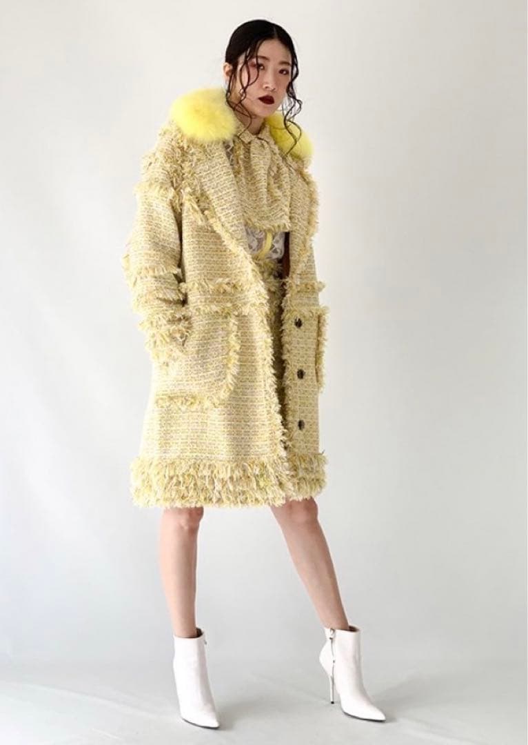 アドニシス/イエロー ツイードコート ファー襟付き