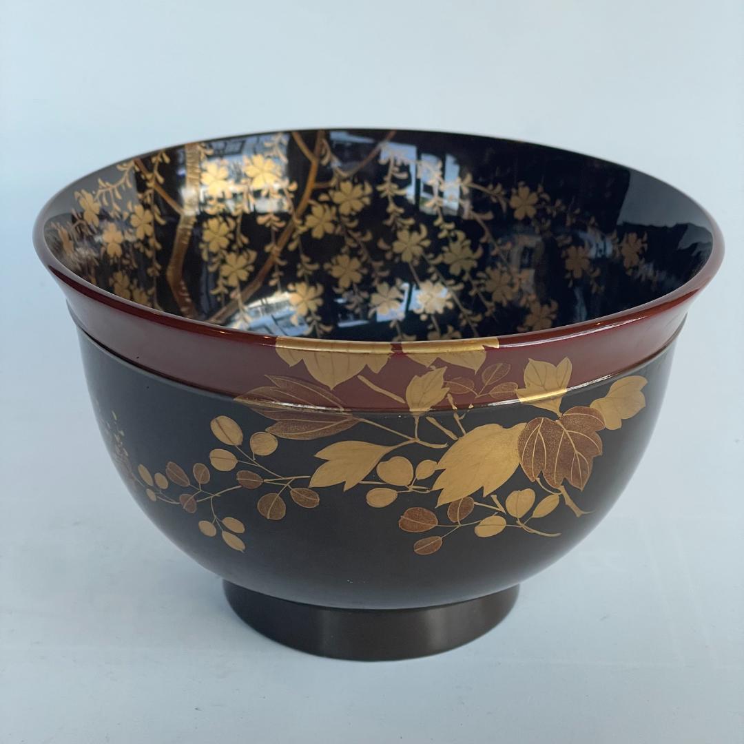 時代 金蒔絵 螺鈿 盃洗 漆 大茶椀 枝垂れ桜 さくら 菊 椿 美品