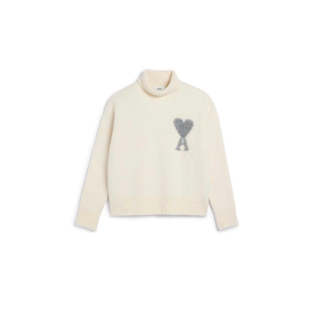 アミパリス ホワイト×シルバー ハート刺繍 タートルネックセーター