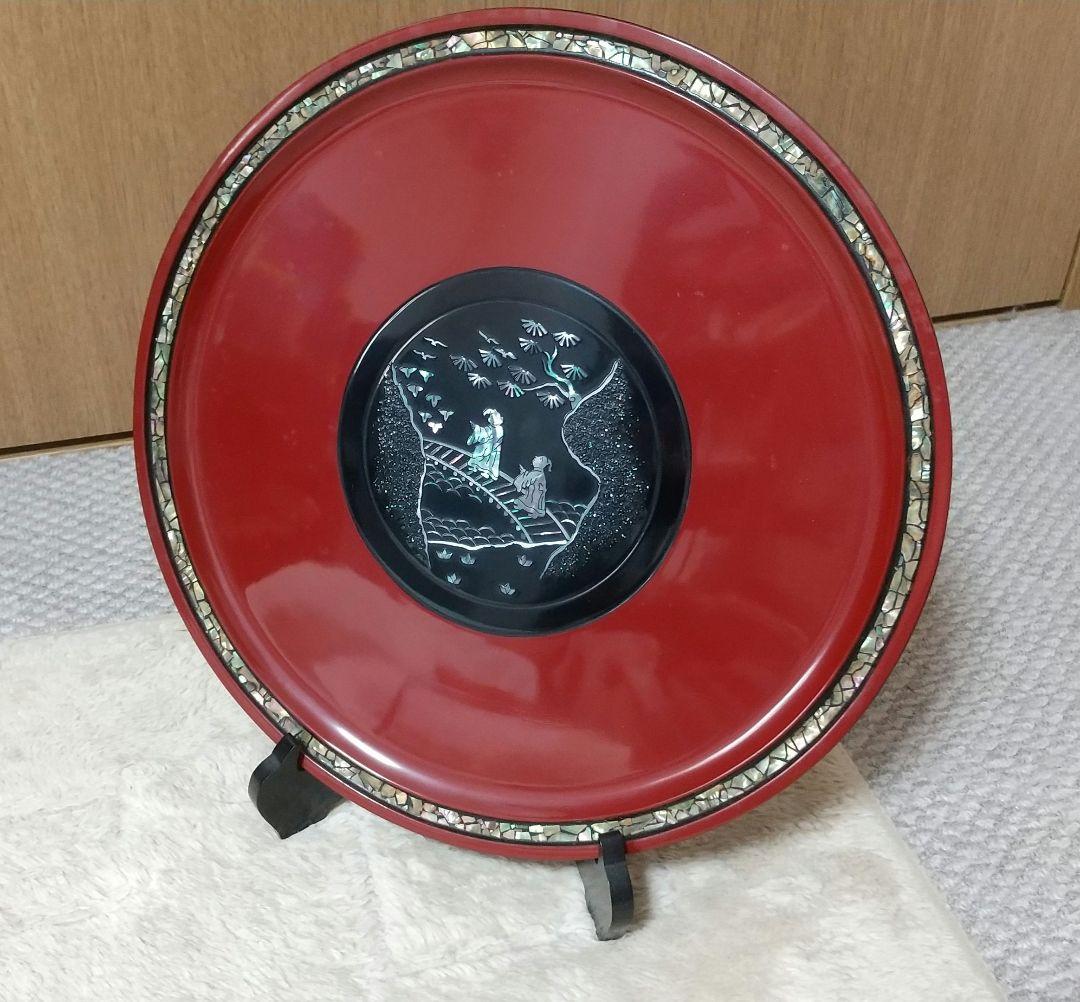 赤色漆器皿 スタンド付き 高岡漆器 青貝 5556-355-