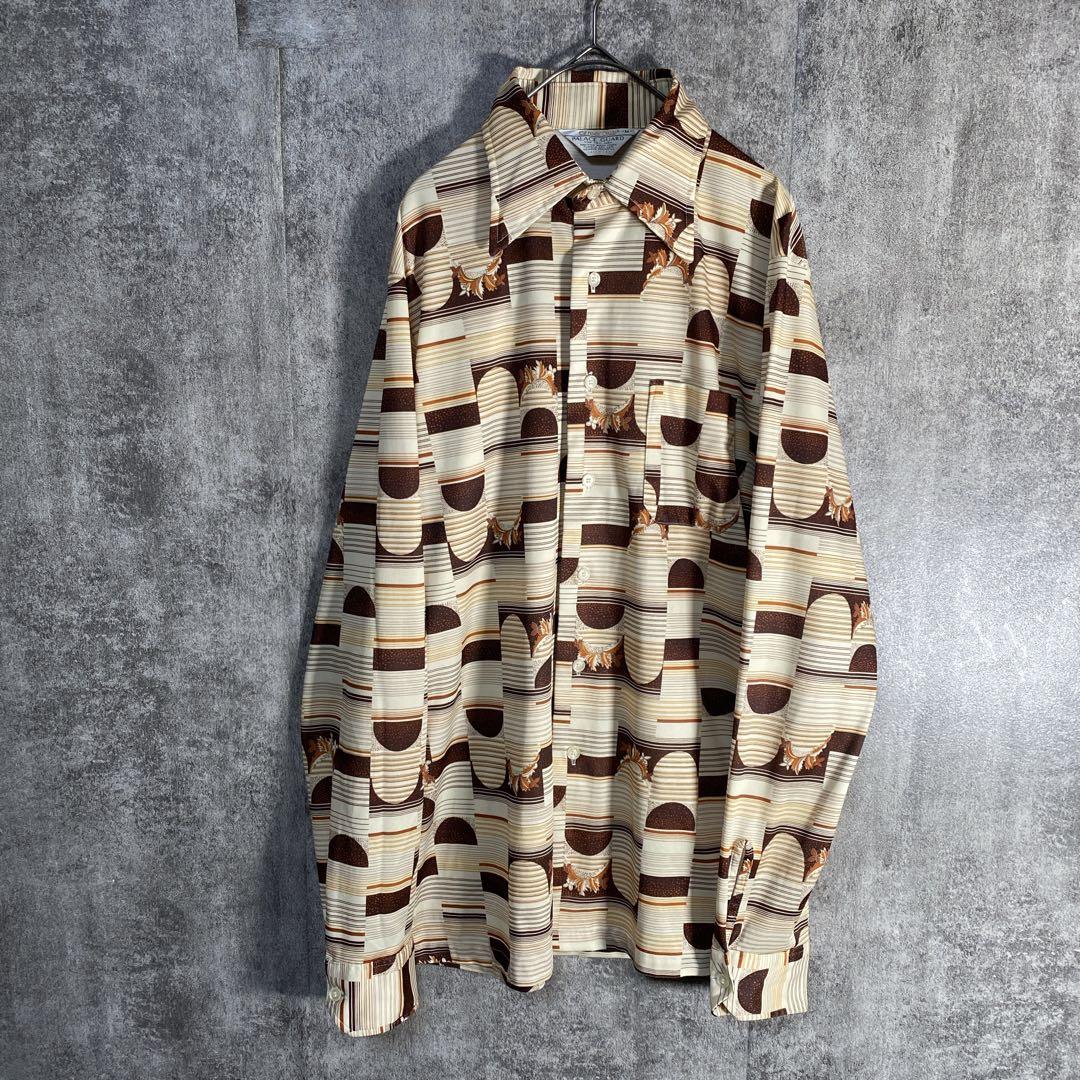 70s USA製 ヴィンテージ調 総柄シャツ レトロ 幾何学 M ポリシャツ