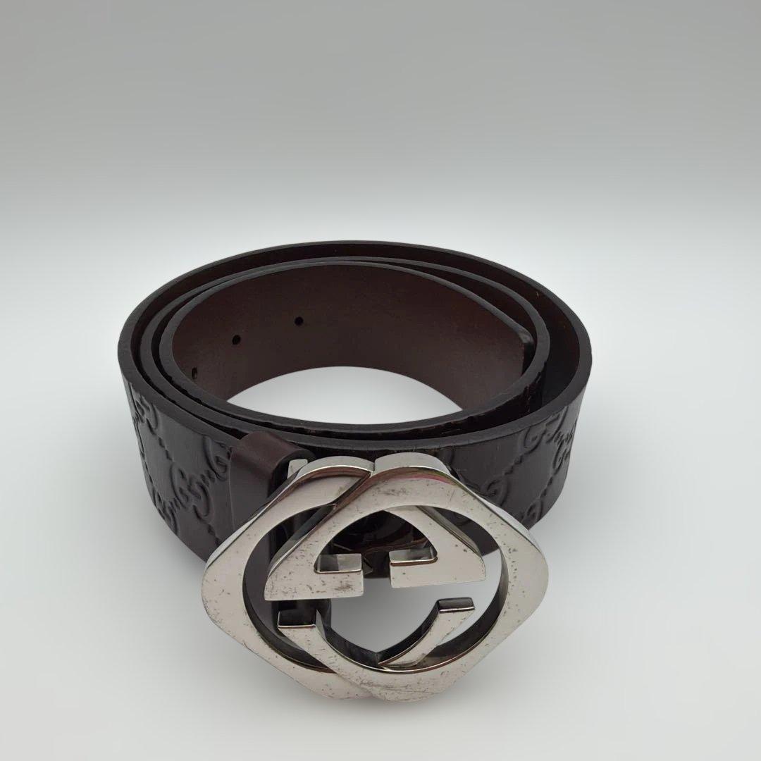 Gucci ダークブラウン レザーベルト GGロゴ　nk8