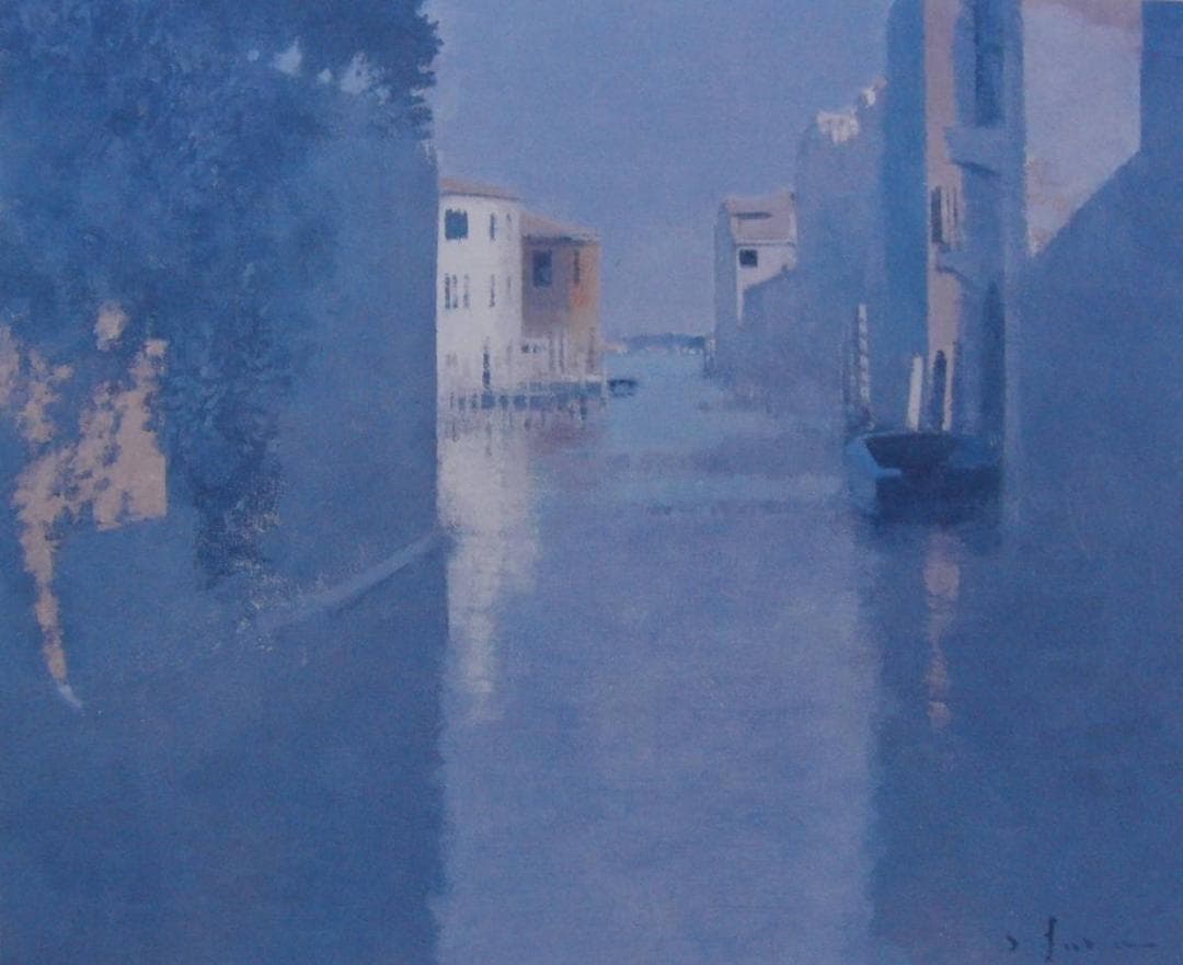 福本 章、運河口（ベニス）、希少画集・額装画、新品高級額 額装付