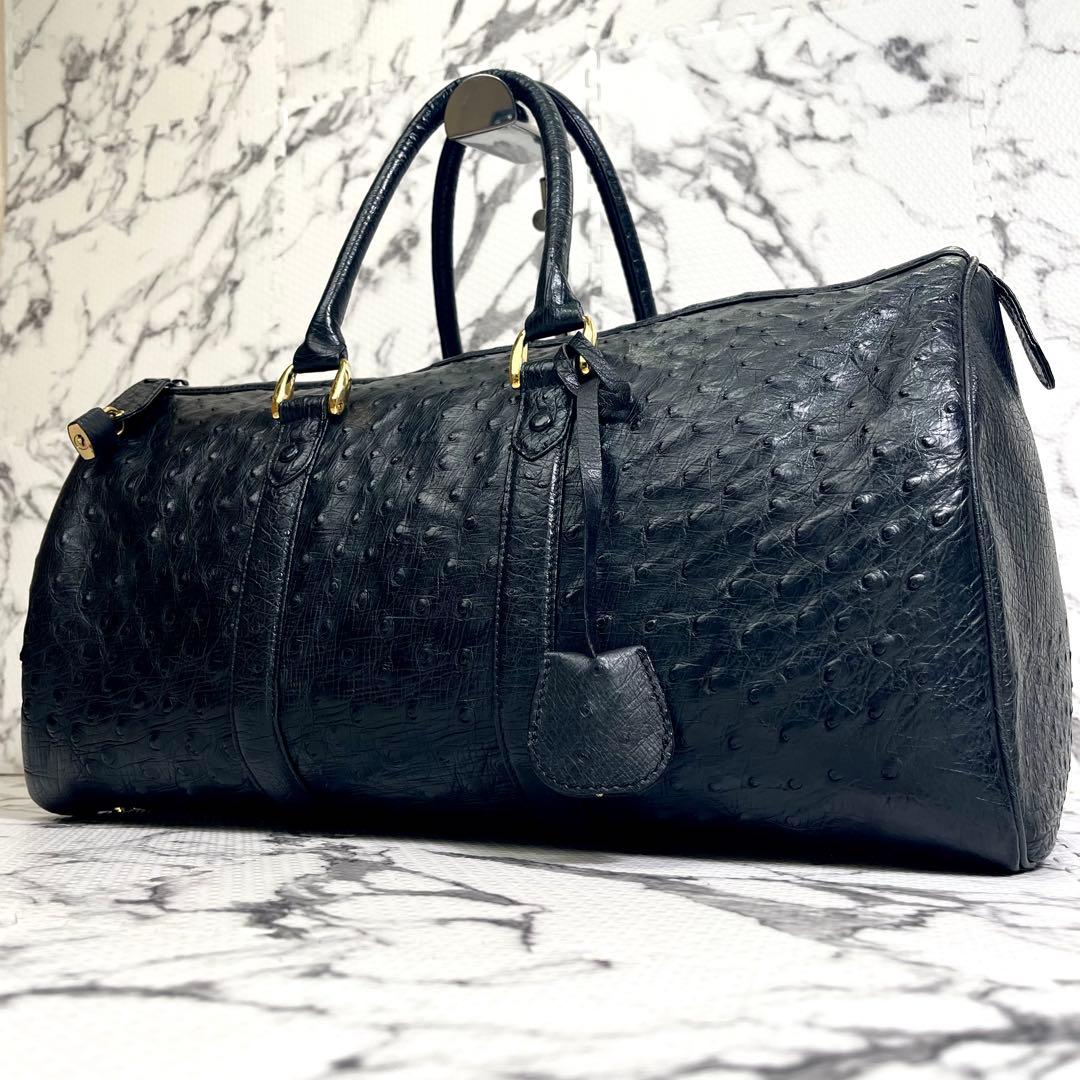 ハマノ ボストンバッグ ハンドバッグ オーストリッチ 本革 オーストリッチ ボストンバッグ 旅行用バッグ ブラック 機内