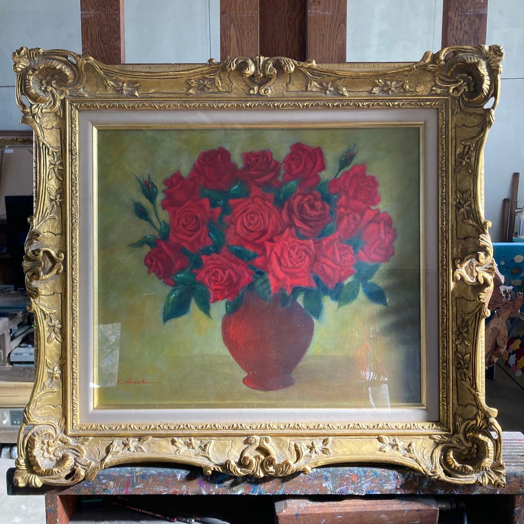 サイン￼ K.Sasaki 赤い薔薇の油彩画 F10号 額装済み 古画