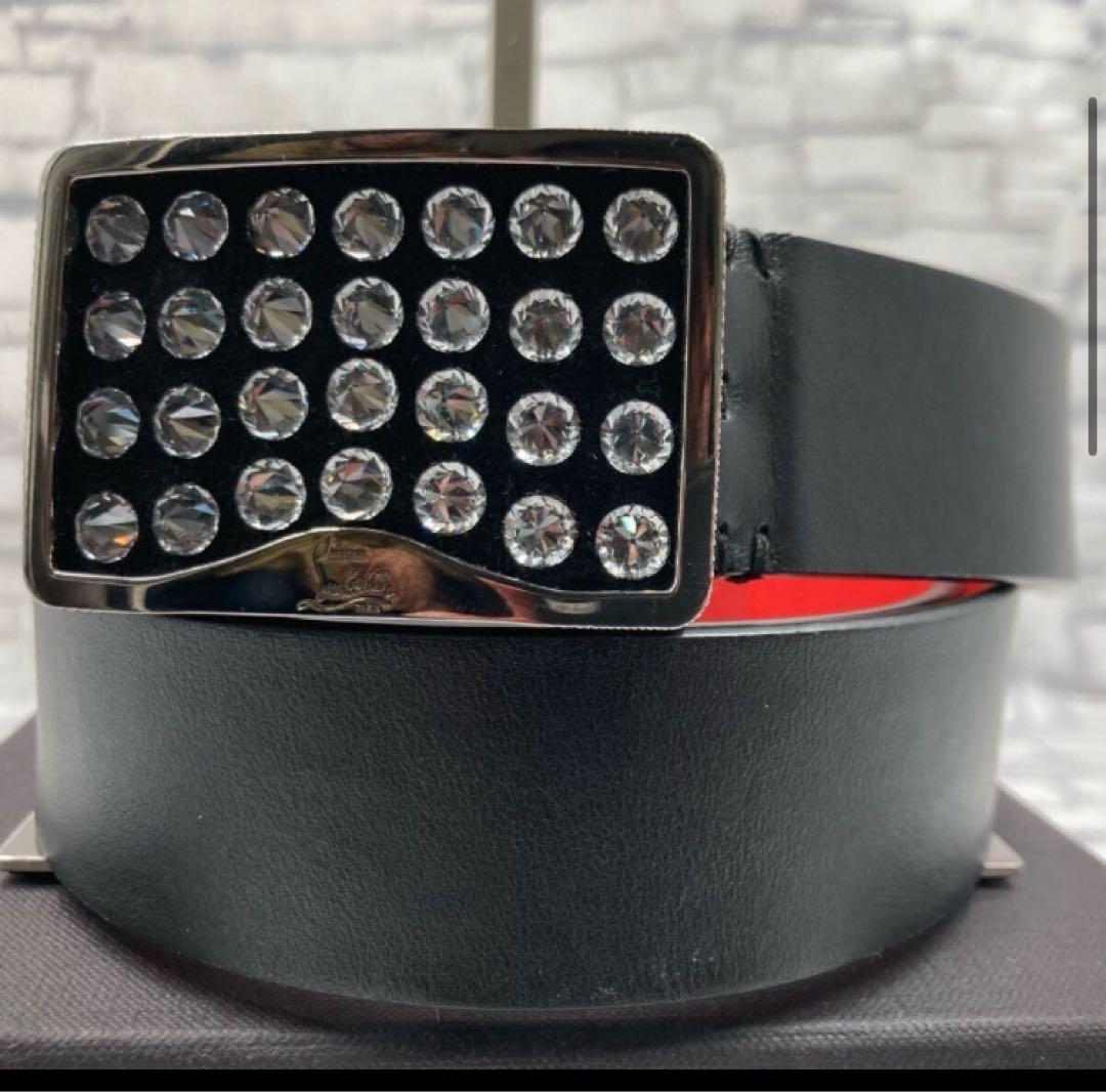 ストーン付きブラックレザーベルト ルブタン