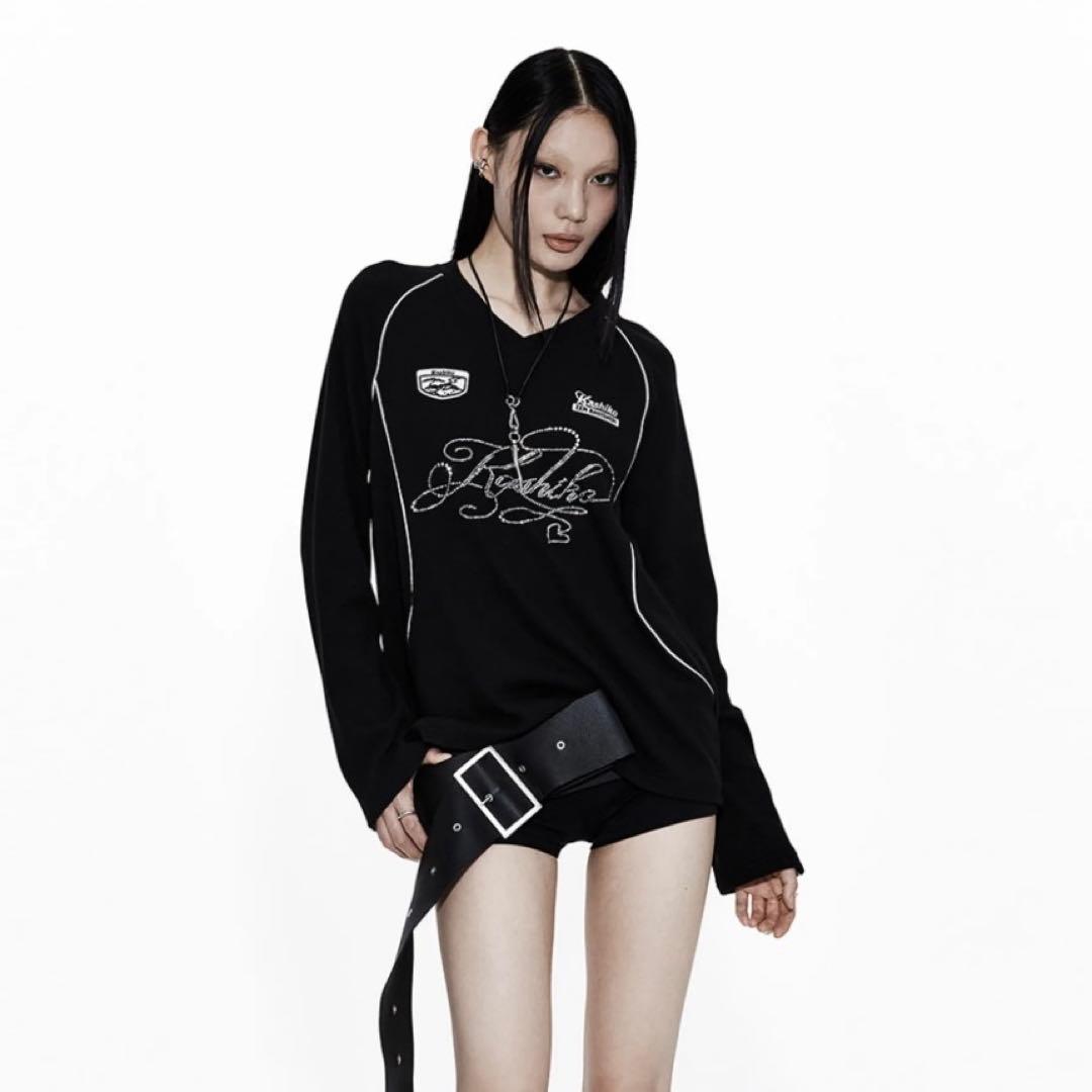 トップス kashiko Waffle Rugby Tee Black