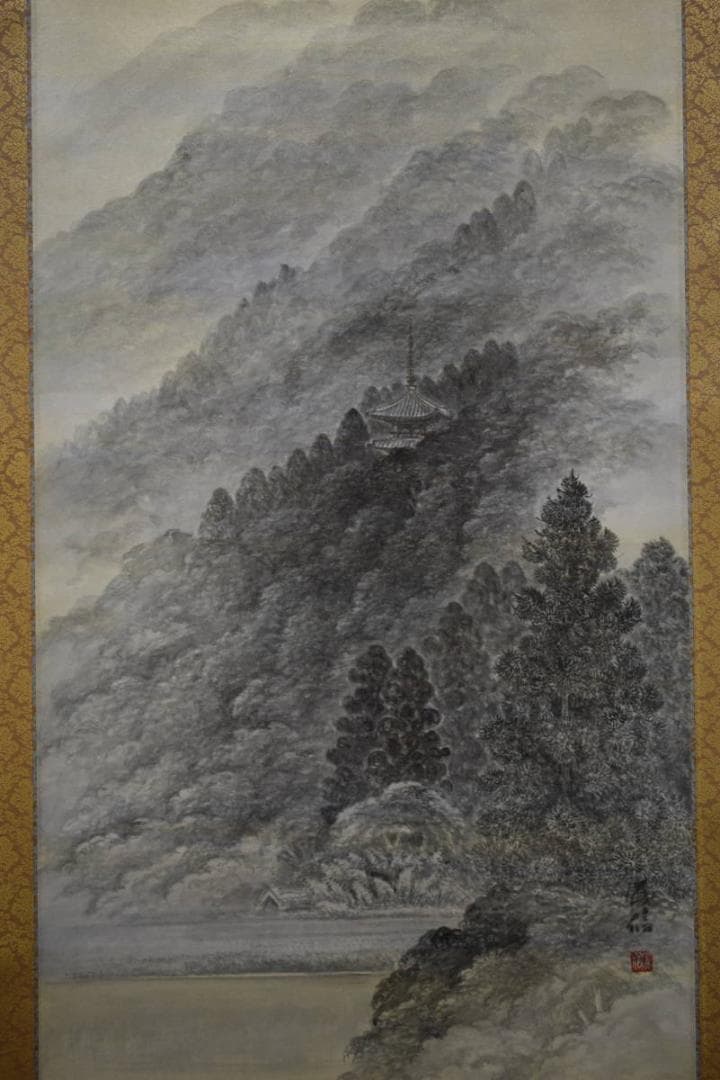 真作/南義信/大路清韻/塔山水図/桐共箱太巻二重箱付/布袋屋掛軸HG-352