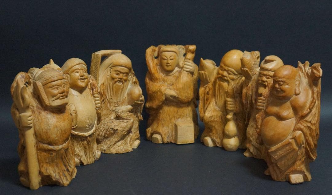 専用柘植細工彫り 一刀彫り『七福神』7体セット 荒彫り黄楊木縁起物総重4.8kg 開運招福 木彫り 仏像 柘植一本彫【七福神】 幅約15cm 「七福神