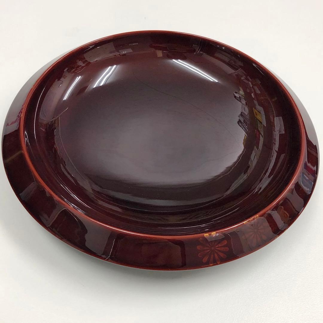 【440】新品 菊白檀 80菓子鉢 透溜 日本製 越前漆器 丸皿 大皿 和食器