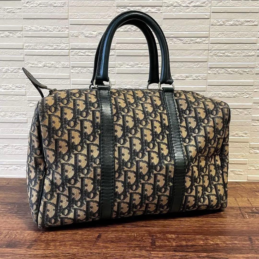 ディオール トロッター キャンバス レザー ボストン ハンド バッグ ネイビー