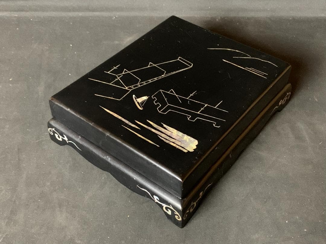 青貝 螺鈿細工 橋風景図 木製 黒塗 文庫 硯箱 書道具 866 14321_503172279474366328150_90