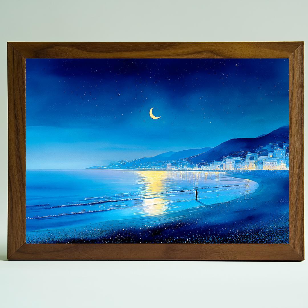 A4 月が立つ夜の海辺｜幻想的なペンと水彩の風景画 - メルカリ