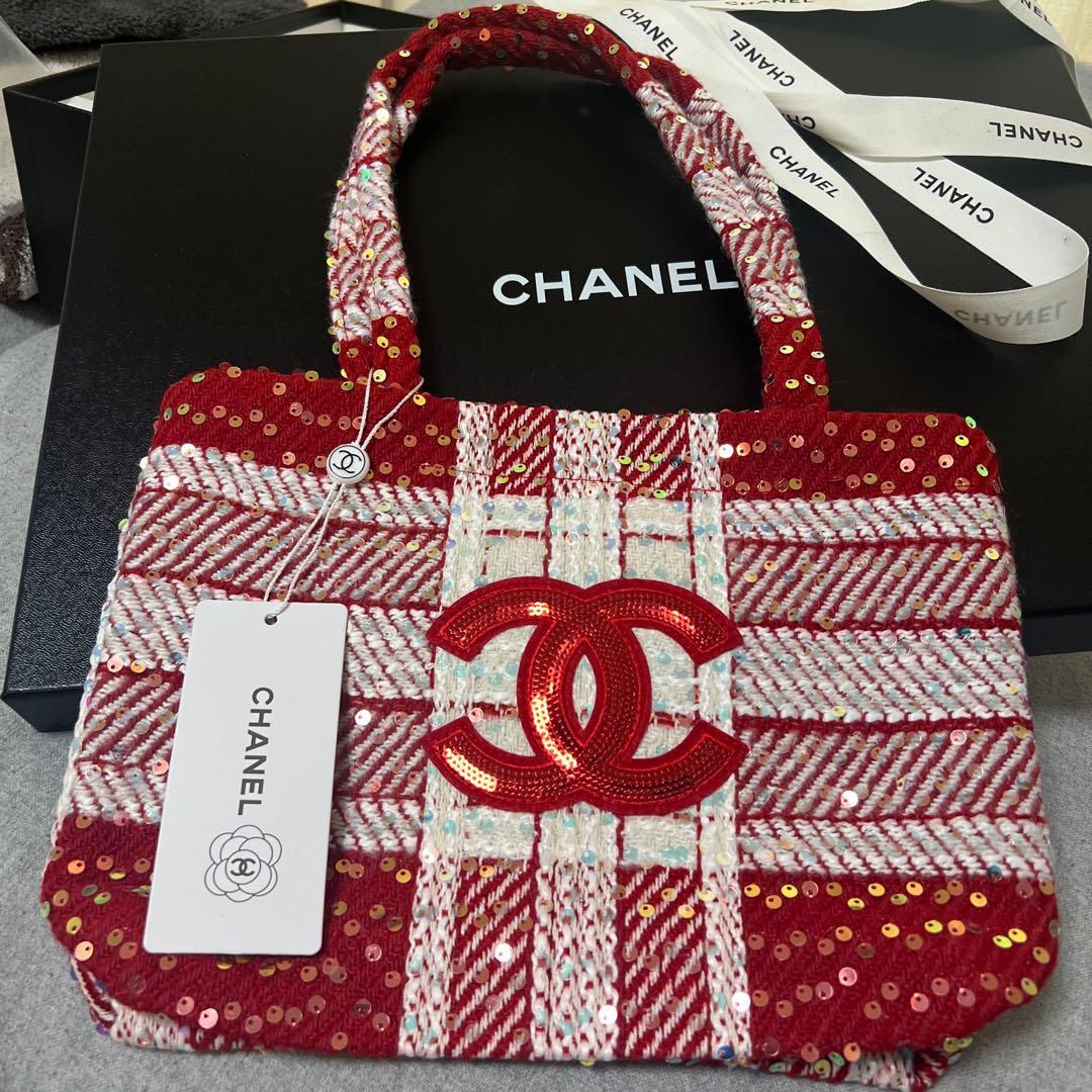 希少 CHANEL ノベルティ トートバッグ 赤 ツイード スパンコール