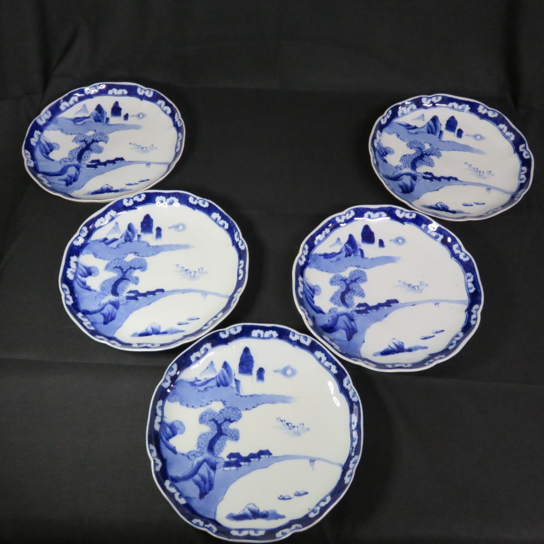 大皿 染付 古伊万里 明治 大正 山水 花文様 家屋 帆船 窯傷 名家 5