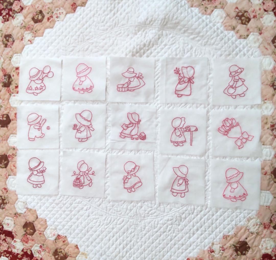 サンボンネット・スーちゃん レッドワーク刺繍完成品 キルトトップ