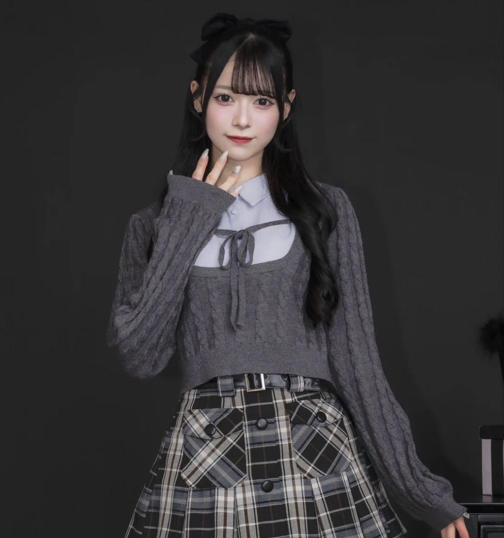 pium レイヤードケーブル長袖ニット チャコール