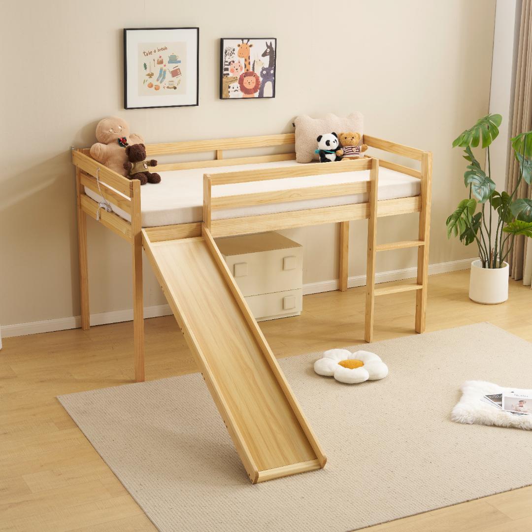 ロフトベッド 頑丈 ロータイプ 階段付き 天然木 コンセント付き Natural