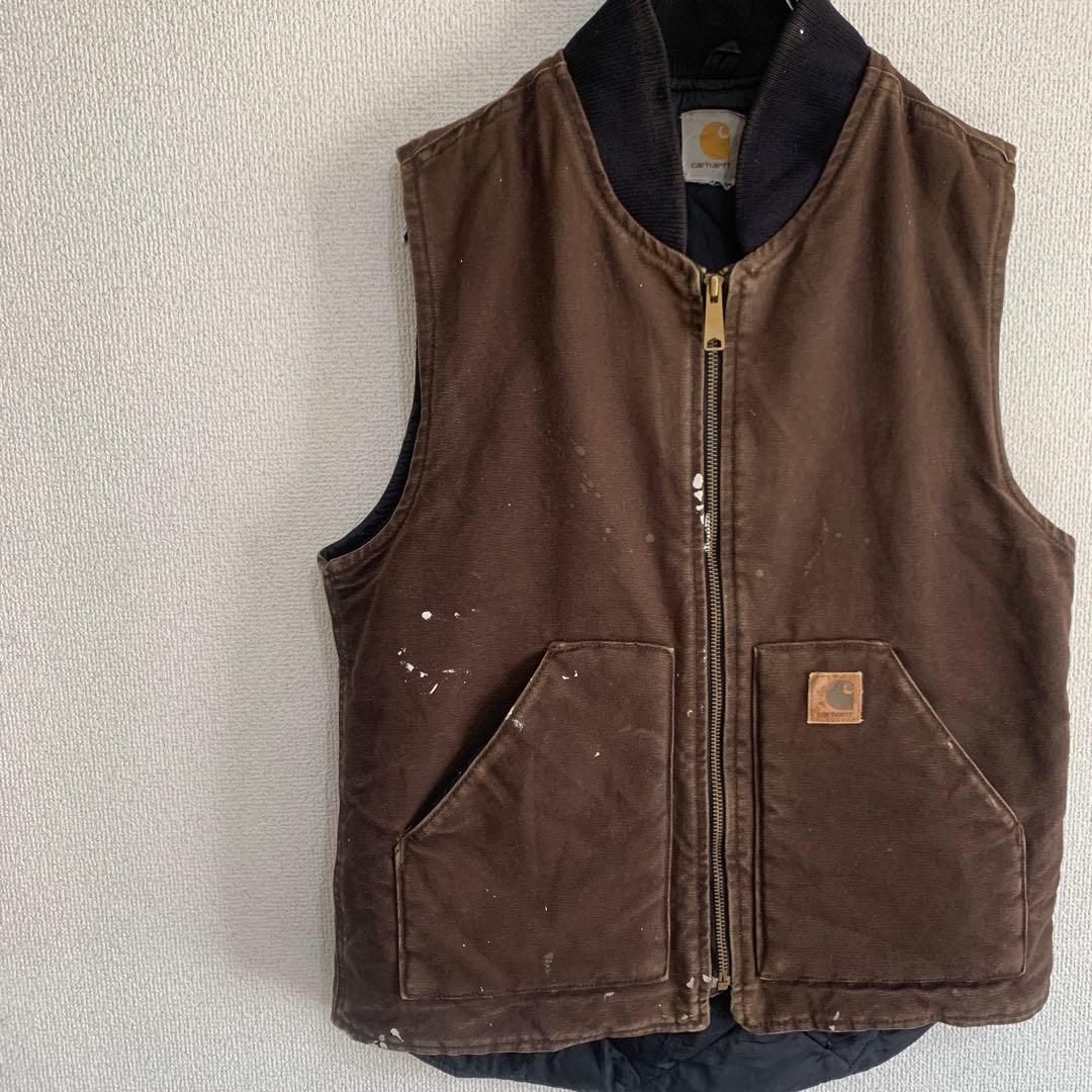 カーハート ダックベスト　ブラウン　焦茶　フェード　ペンキ飛び