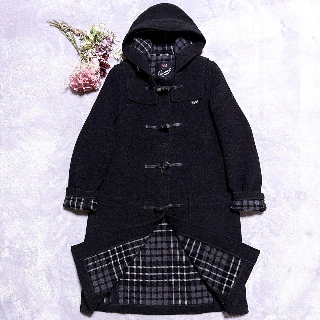 【未使用】グローバーオール ダッフルコート ロング チェック 黒 レディース