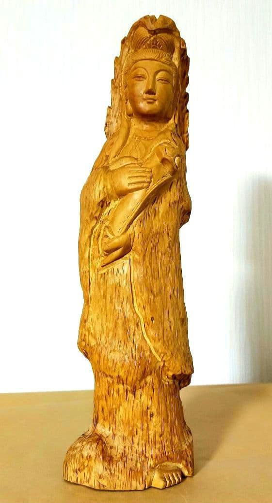 セール　仏教美術工芸品　如意観音菩薩立像　仏像　一本木彫り　つげ柘植木　縁起物