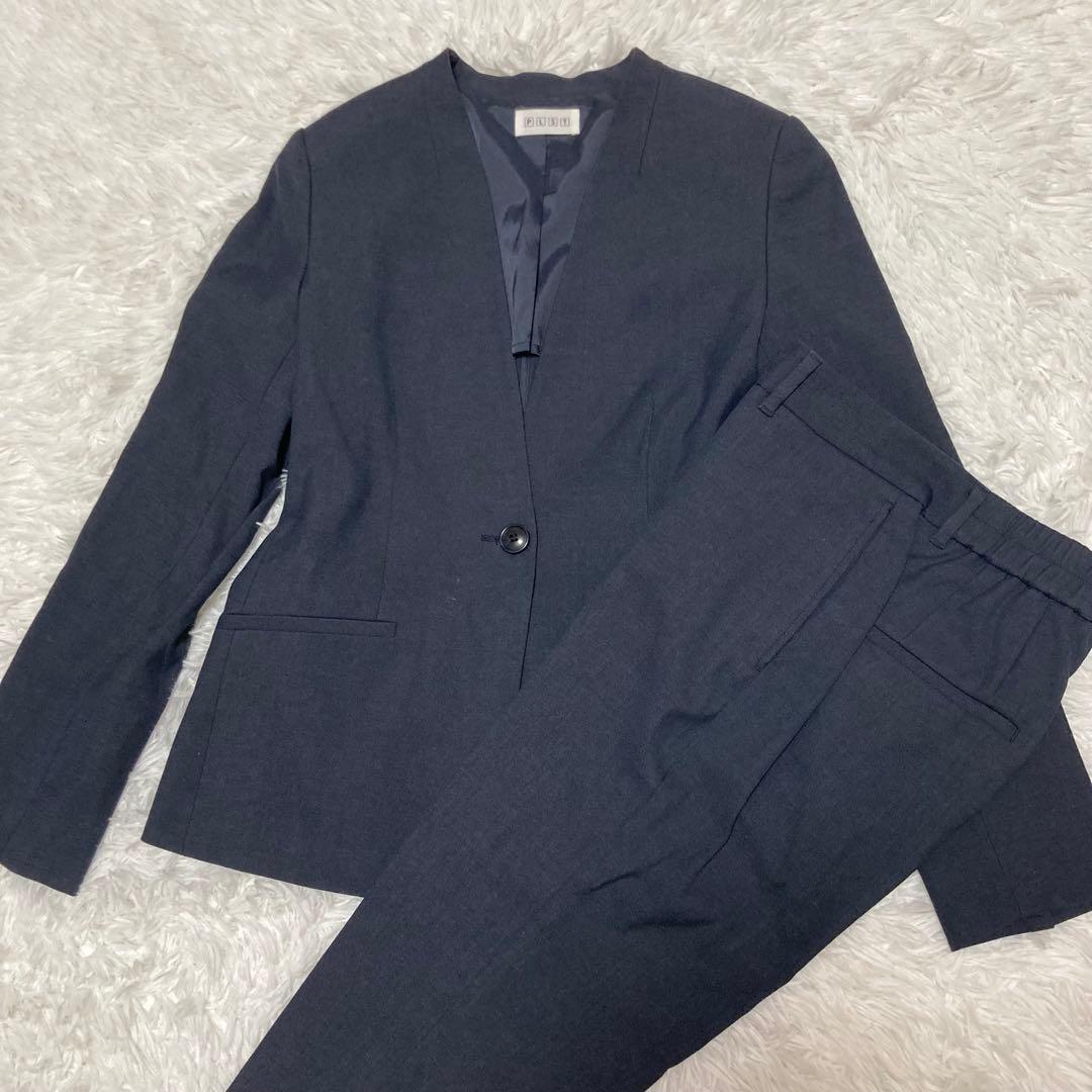 PLST スーツ　セットアップ　ノーカラー　Lサイズ　リネン混　ネイビー
