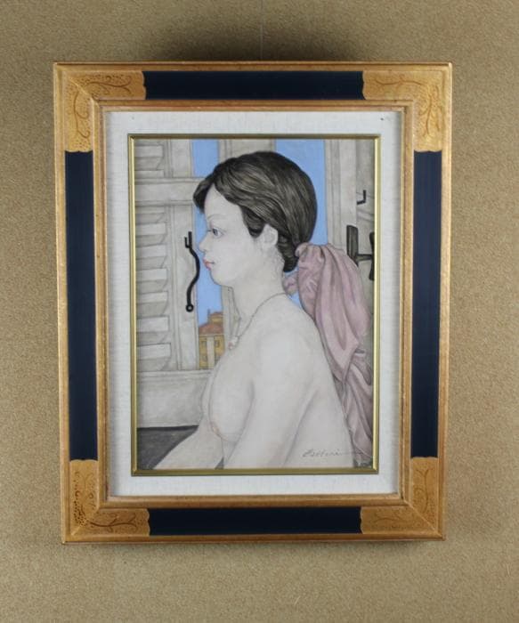 服部和三郎　窓辺の裸婦　油彩画　1980年　F4号　肉筆