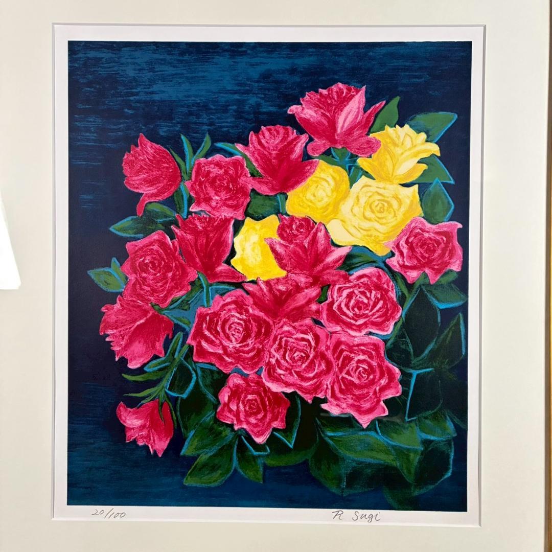 美品 杉良太郎「薔薇」リトグラフ 直筆サイン入 額縁裏板にも本人