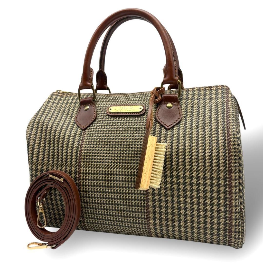 ポロラルフローレン ミニボストンバッグ 2way PVC 千鳥格子柄　ブラウン