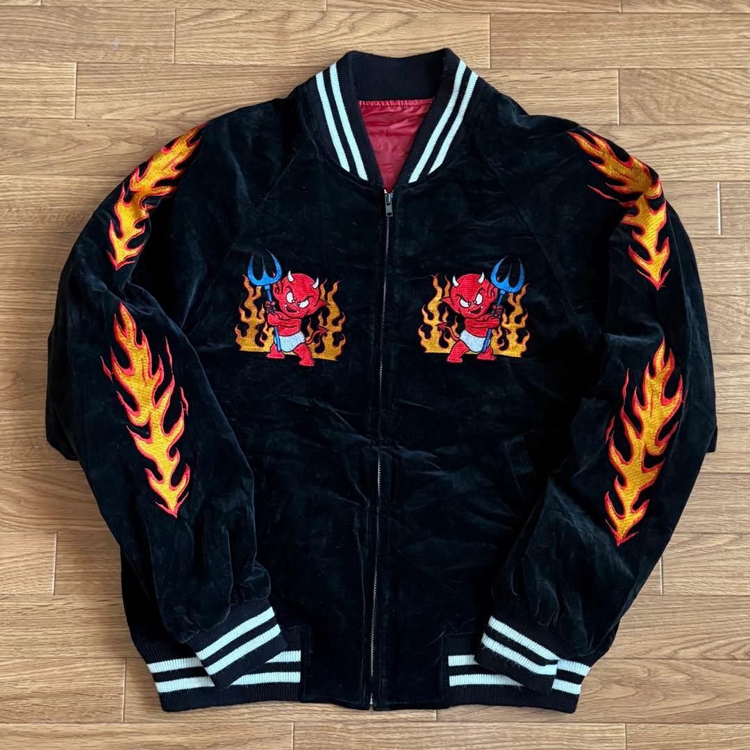 GREAT RED HOT スカジャン 別珍 刺繍 フレイム ファイヤー ベロア