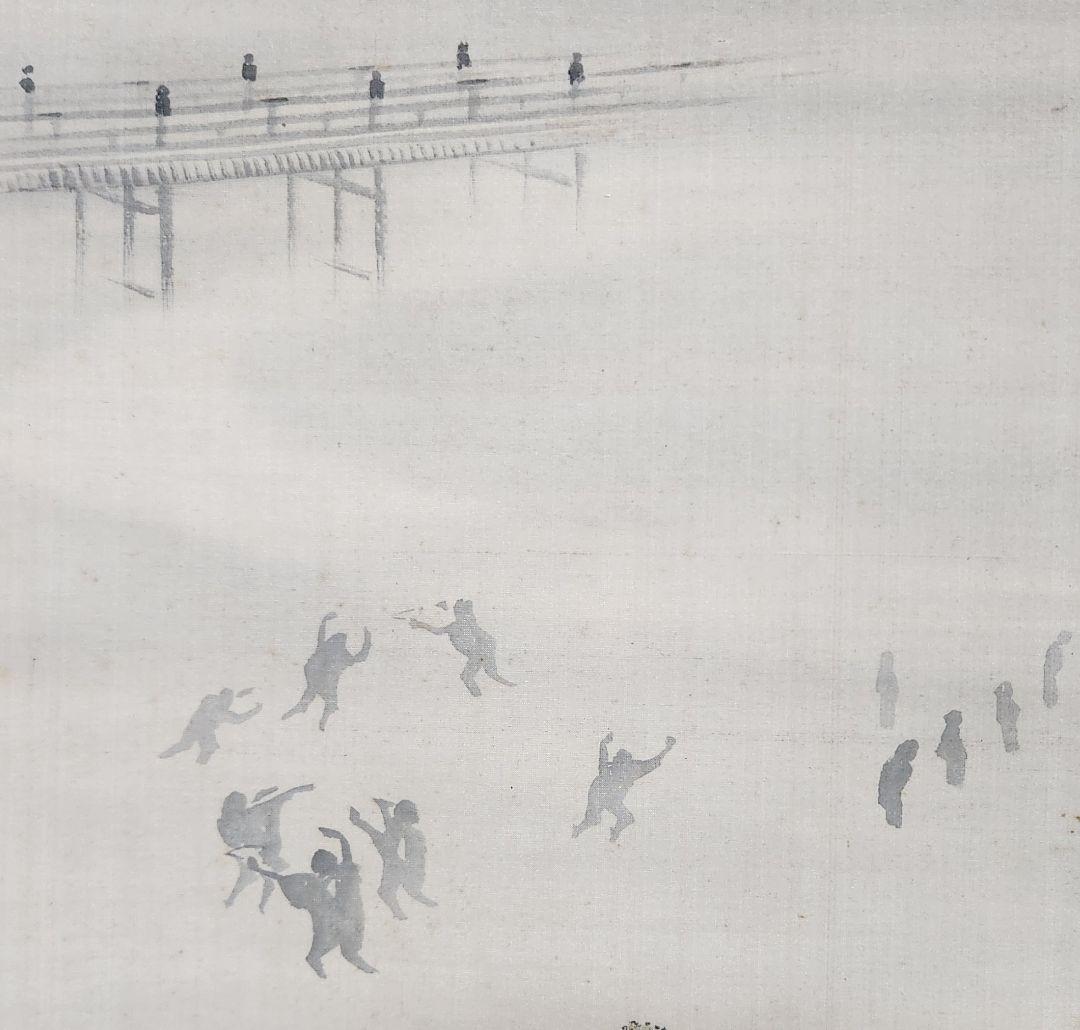 四条河原夕涼み図】大崎晴山 1013 京都鴨川床 共箱 掛け軸 肉筆 涼し掛