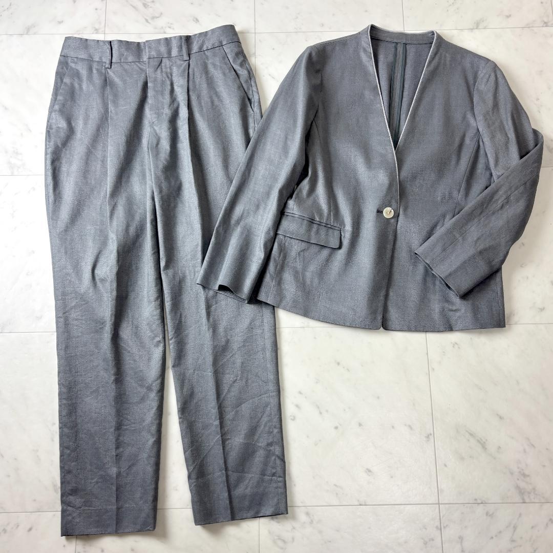 シップス S リネン混 ノーカラー パンツスーツ セットアップ 36 グレー