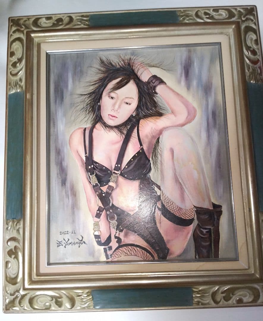 山本英二、絵画油彩８号、裸婦、美人画、ボンテージ、k真作、肉筆、高級額縁 絵画、油彩、6F美人画、裸婦、山本英二、夏の風、額縁付き真作、肉筆