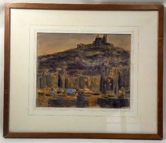 「マルセイユの丘、ノートルダム・ド・ラ・ガルド寺院」 田村孝之助　肉筆　水彩 マルセイユの丘、ノートルダム・ド・ラ・ガルド寺院」 田村孝之助 肉筆