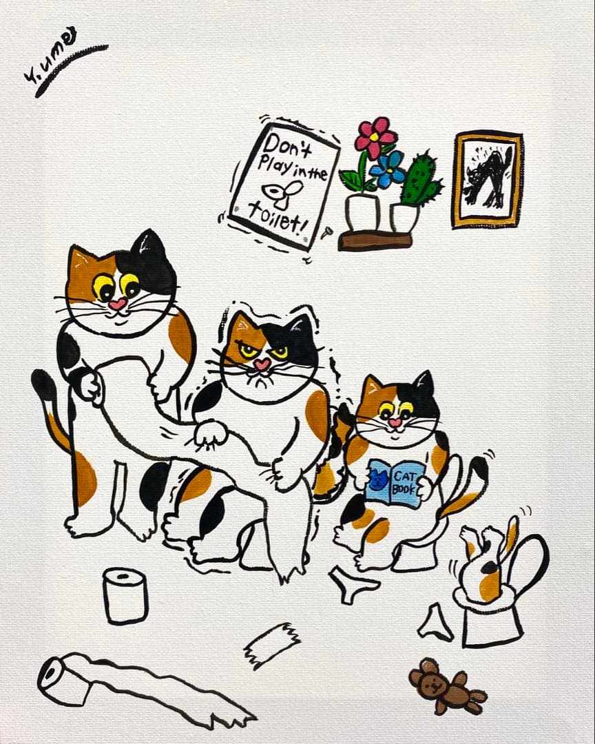 ふんばり親子猫　三毛猫