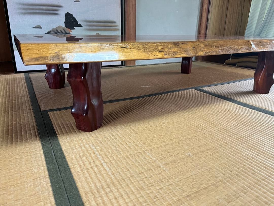 和風座卓 自然木 赤い天板
