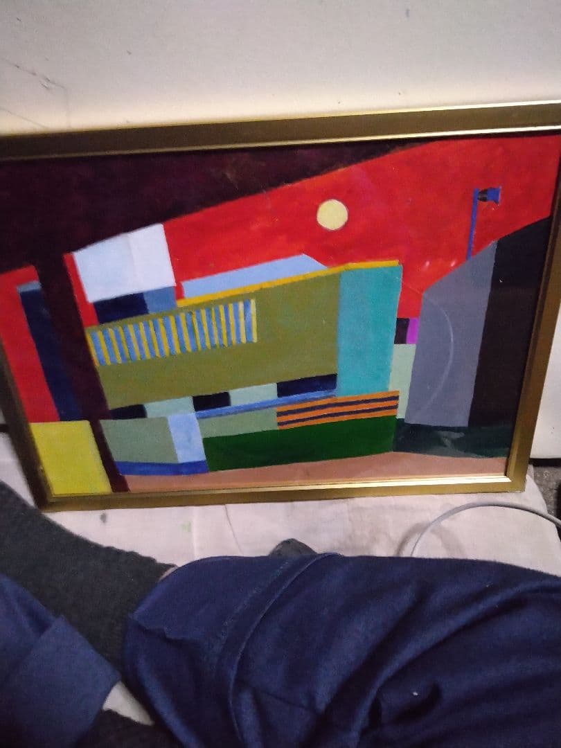 現代アート水彩画 建物 金色フレーム