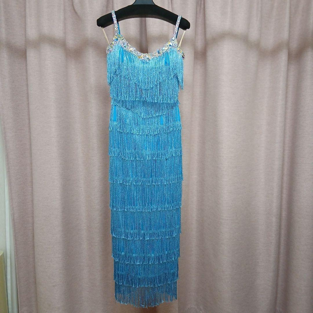 水色フリンジドレス 社交ダンスラテン衣装Mサイズ　手首、ネック付き