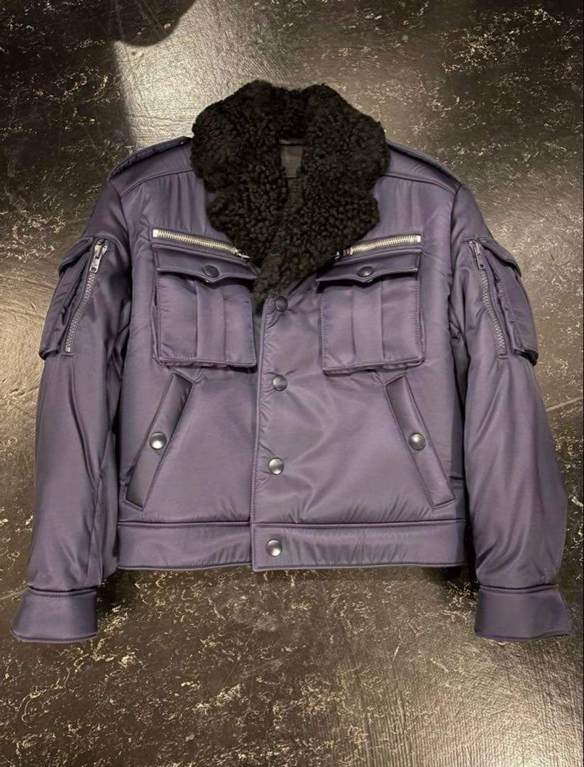PRADA 2019AW ミリタリー ナイロン ブルゾン46 ネイビー 正規品 PRADA トライアングルロゴフード付ナイロンダウンジャケット 46