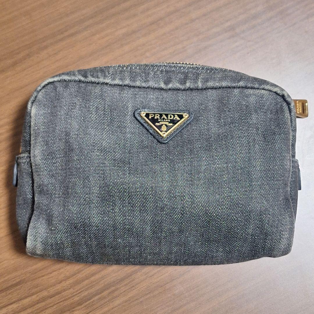 PRADA 黒デニム ポーチ ブラック サフィアーノレザー ポーチ | PRADA