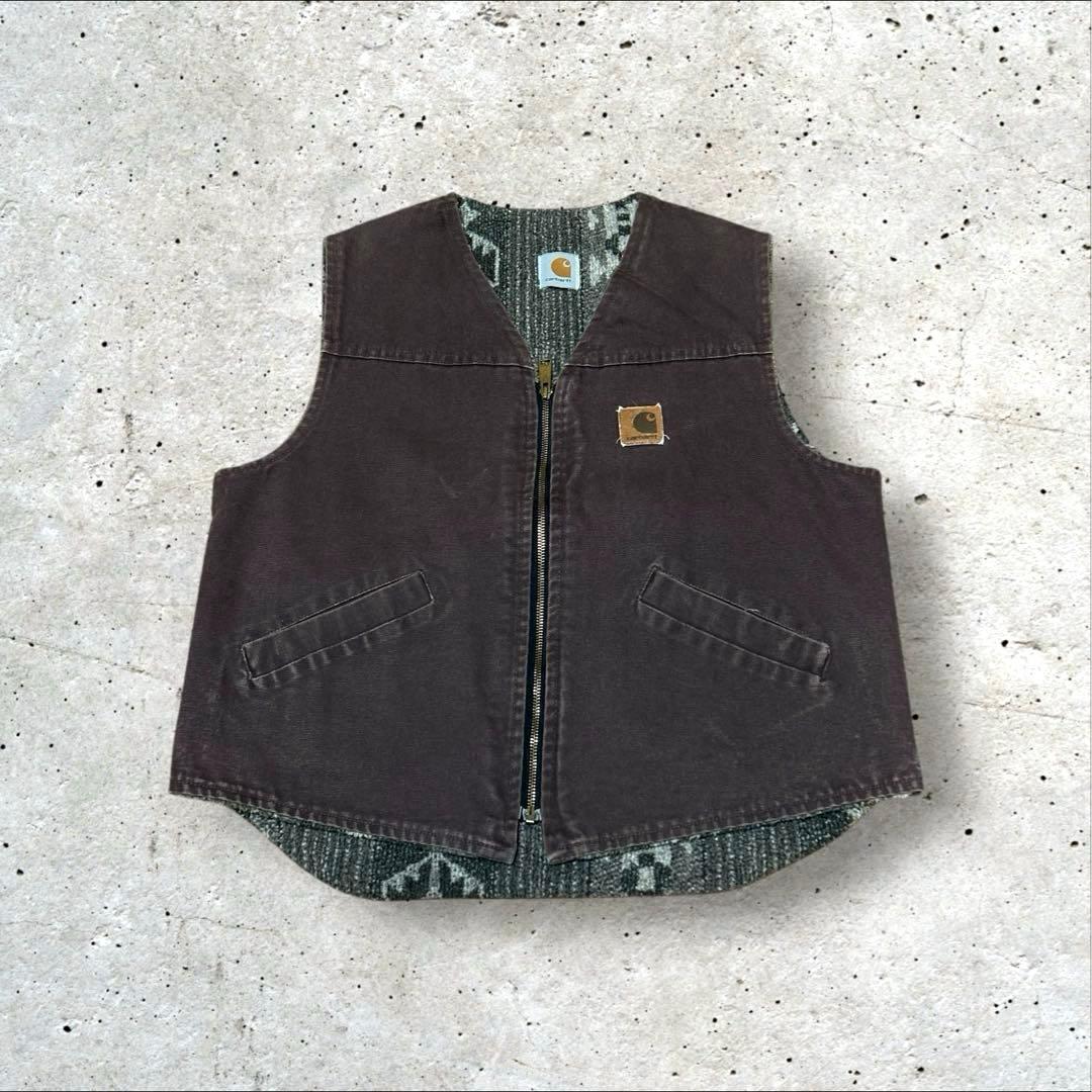 carhartt 90s ダークブラウン ダックベスト　ネイティブ柄　幾何学模様 USA製 サウスウエストコレクション ネイティブ総柄幾何学模様 Carhartt