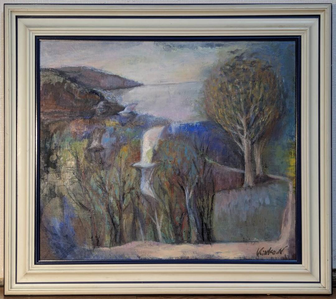 【真作】絵画　油彩10号　海辺に舞う白鴎　樹林と岬の幻想風景　Y103