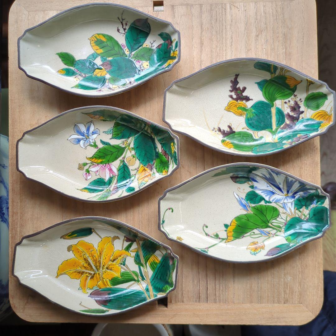 骨董 九谷焼 舟形 図変わり 色絵 花尽くし 向付 器 皿 5枚 変形皿