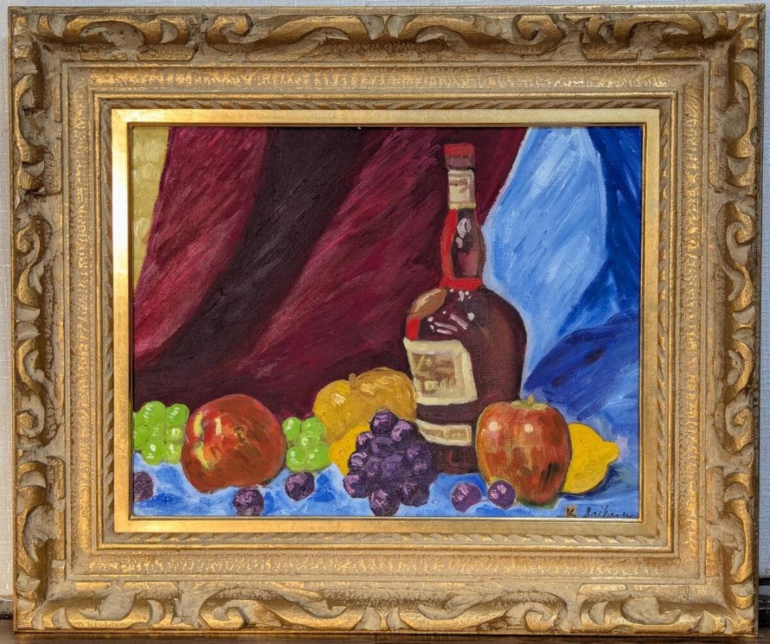 【真作】絵画　油彩6号　ワインと果実　華やかな彩りが魅力の洋画静物画　Y84