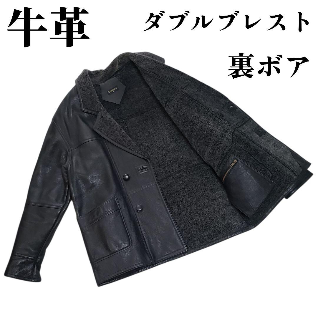 牛革　カーコート　ダブルブレスト　tesoro mio　テゾーロ ミオ　シボ　黒